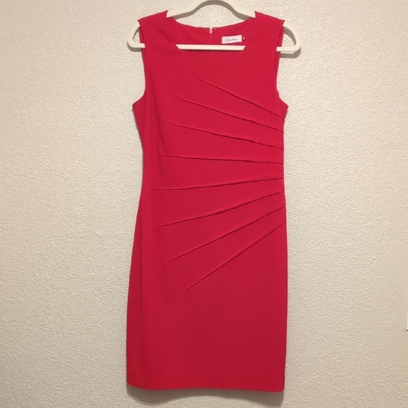 Calvin Klein cherry red ruched sleeveless round neck sheath midi dress - Picture 3 of 7
